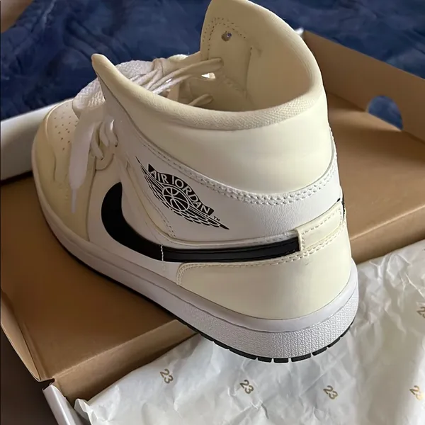 Nike Air Jordan 1 Mid Ivory and Black Shoes - Image 5