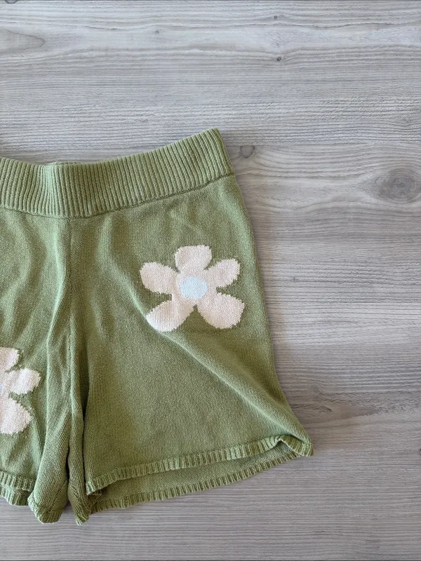 Blue Blush Knit Olive Green Flower Shorts - Image 2