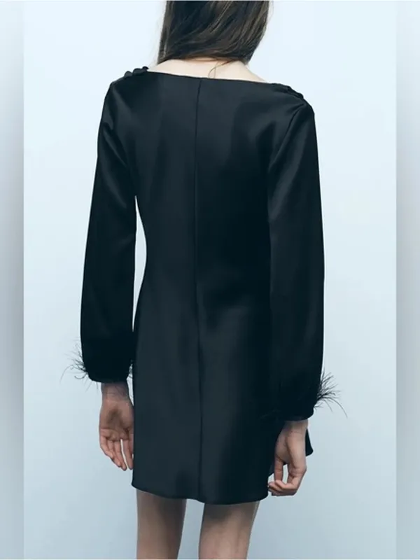 Zara Satin Effect Feather Detail Dress - Image 4