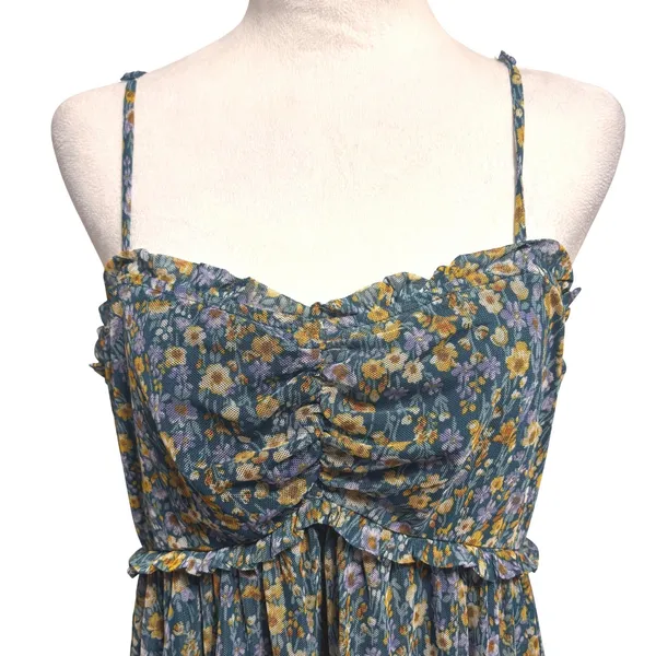 Floral Mesh Babydoll Mini Dress Womens L Stretch Boho Cottage Fairy Festival Y2K - Image 2