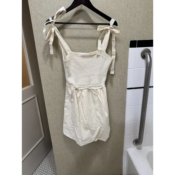 NEW Nordstrom ALL‎ IN FAVOR Crochet Minidress Bow Ties Beige Size Small - Image 2