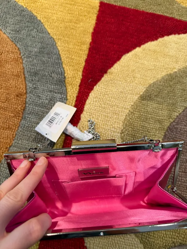 NWT Nina Pink Glitter Small Evening Purse Bag Formal Black Tie Metal Chain - Image 9