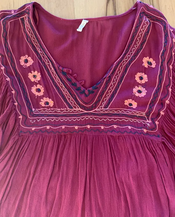 Flowy Maroon Hippie Top Embroidered Top Batwing Shirt Womens M Earthy - Image 10