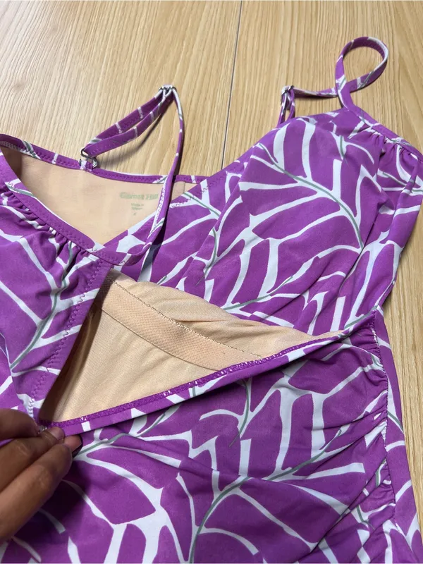 Garnet Hill Purple Tropical Leaf Ruched One Piece Swimsuit Size 6 - Image 4