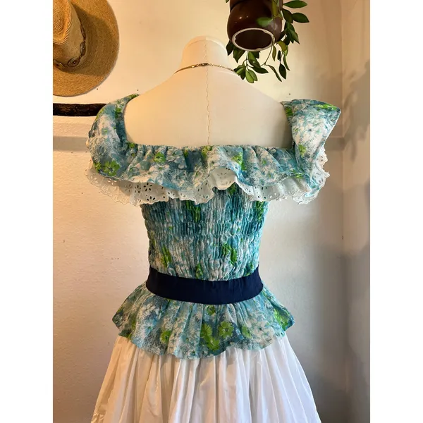 Vintage Handmade Blue Green Floral Print Lace Trim Bow Peplum Top Size Small - Image 3