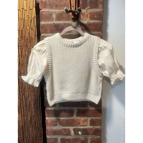 Zara Romantic Cream Mixed Media Puff Sleeve Knit Crop Top S - Image 3