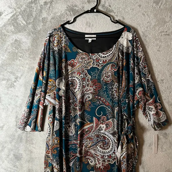 Paisley Print Shift Tunic Dress 3/4 Sleeve Boho Chic Teal Multicolor Size 3X New - Image 2