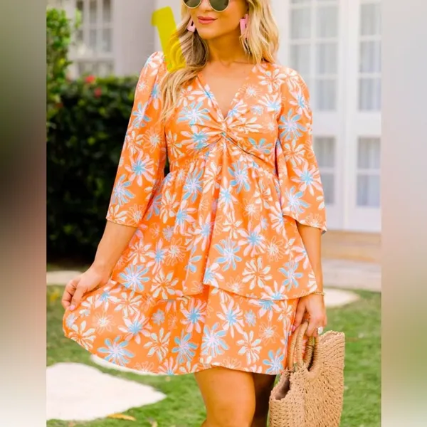 Pink Lily Morning Mimosas Mini Dress Orange‎ Floral Tiered Boho Women Medium - Image 2