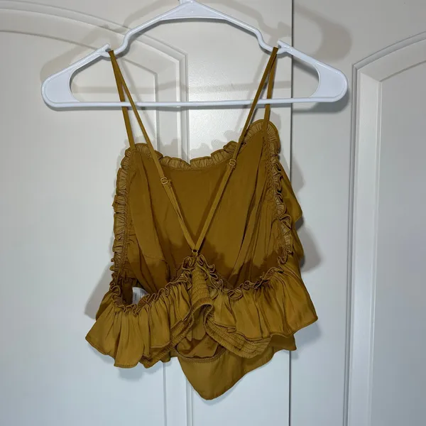 Free People Ruffle Cami Top Womens Medium Mustard Yellow‎ Smocked Cropped Satin - Image 2