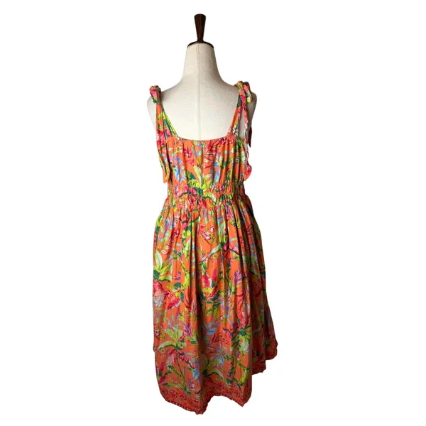 Lands' End Dress Women‎ Medium Orange Tropical Floral Smocked Tie Shoulder Midi - Image 7