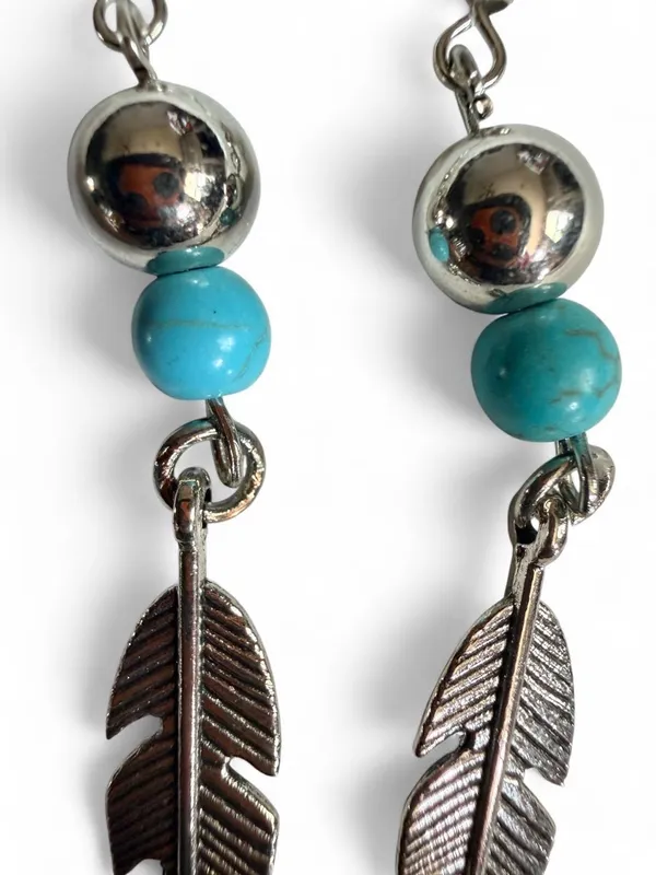 Handmade Silver & Turquoise Feather Dangle Earrings - Image 3