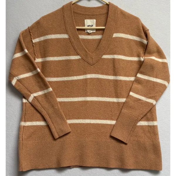 Aerie Striped V-Neck Sweater Brown White Oversized Knit XS - Image 3