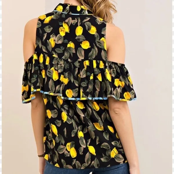 Entro NWT Off White Lemon Print Button Down Open Shoulder Ruffle Top - Image 14