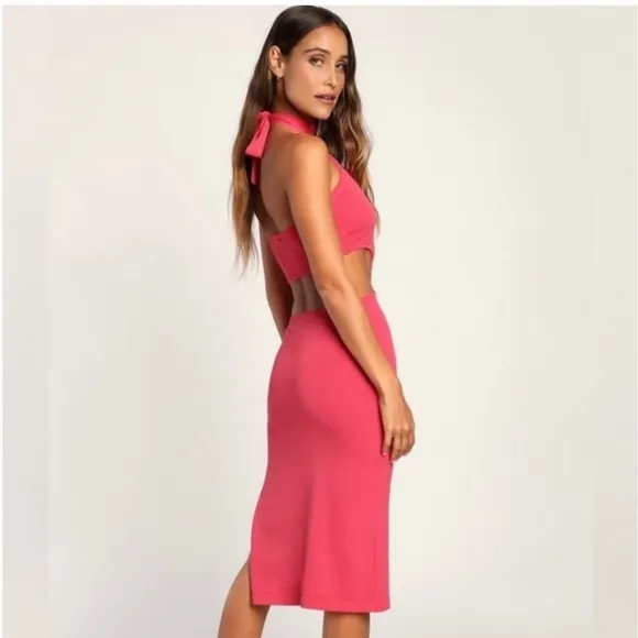 Lulus‎ Halter Neck Cutout Midi Dress Bright Pink Vacation Cocktail Party Size XS - Image 7