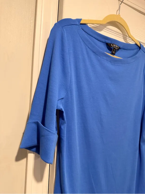 NWOT LRL Ralph Lauren Size L Blue Top Cuffed Short Sleeve Stretch Classic Logo - Image 3