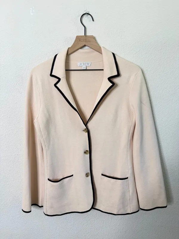 J Crew Contrast Trim Waisted‎ Sweater-Blazer Knit Cream Womens Size S - Image 5