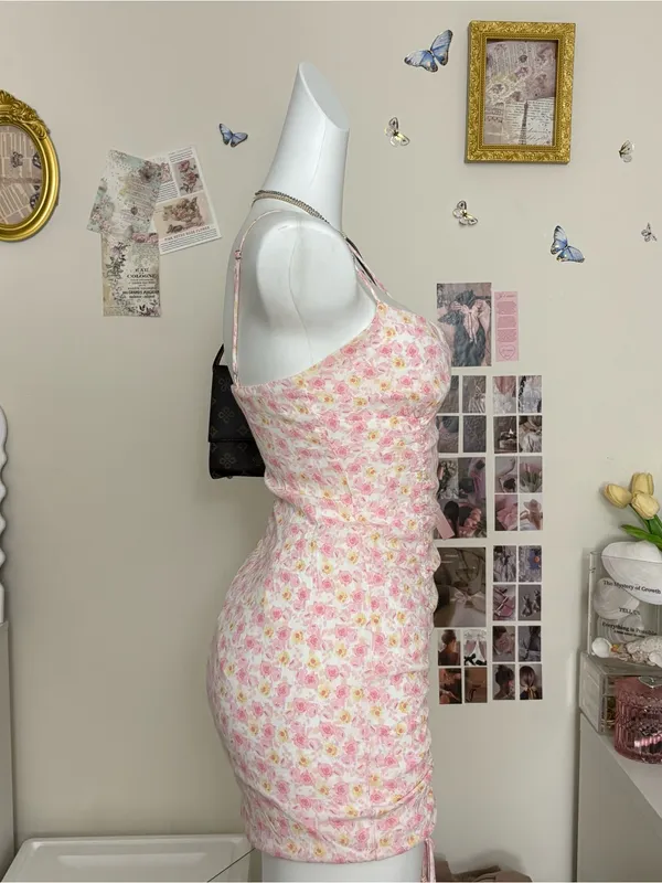 Cotton Candy Pink & Yellow Floral Ruched Spaghetti-Strap Mini Dress - Image 3