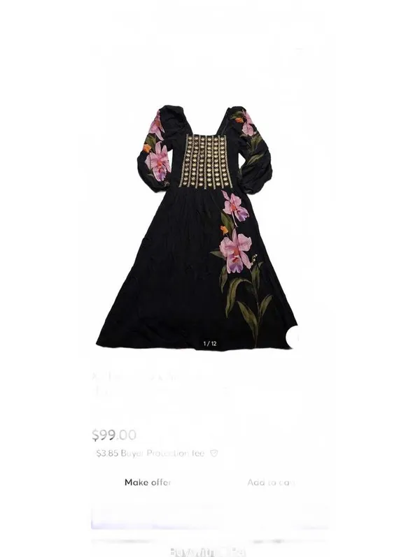 Farm Rio x Anthropologie Floral Long-Sleeve Midi Dress in Black, Size XS - Image 3