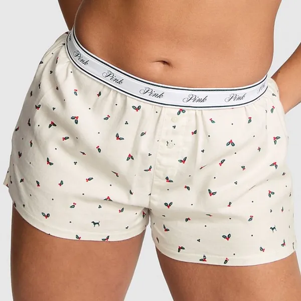 VS PINK Cotton Dorm Unlined Bralette & Flannel Pajama Shorts Cream Holly Print M - Image 4