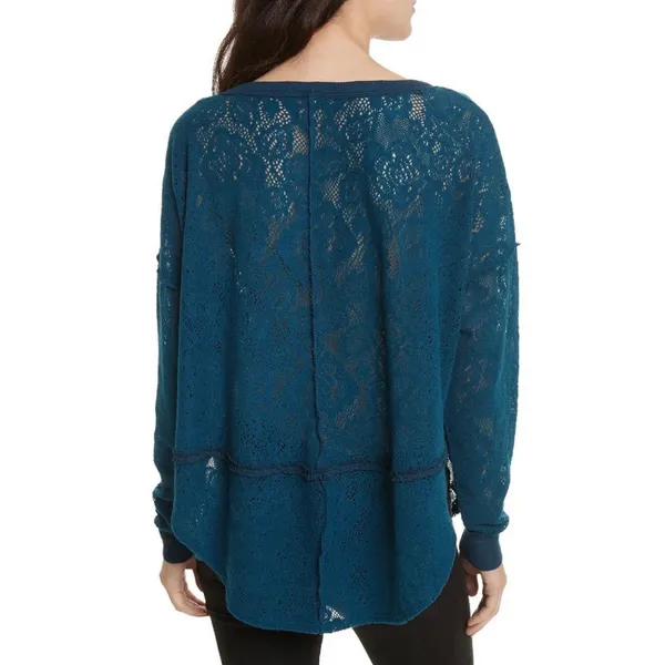 Free People Not Cold In This Jewel tone Blue Floral Lace Oversized Boho Top - Image 2