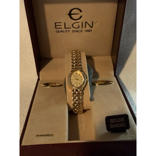 Elgin Diamond Accent Quartz Wristwatch Gold Oval Dress Analog with Box - Image 2