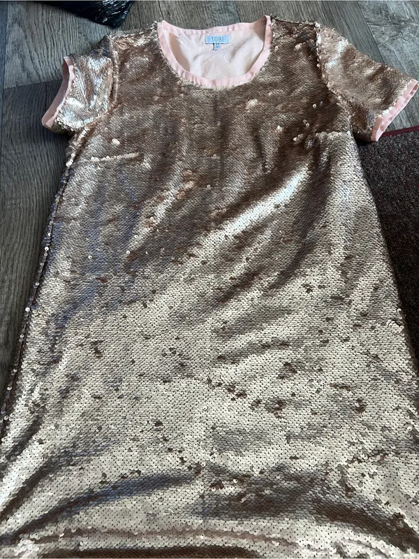 Tobi Shift in Time Sequin Dress Shirt Blush Rose Small Mini Short Sleeves - Image 11