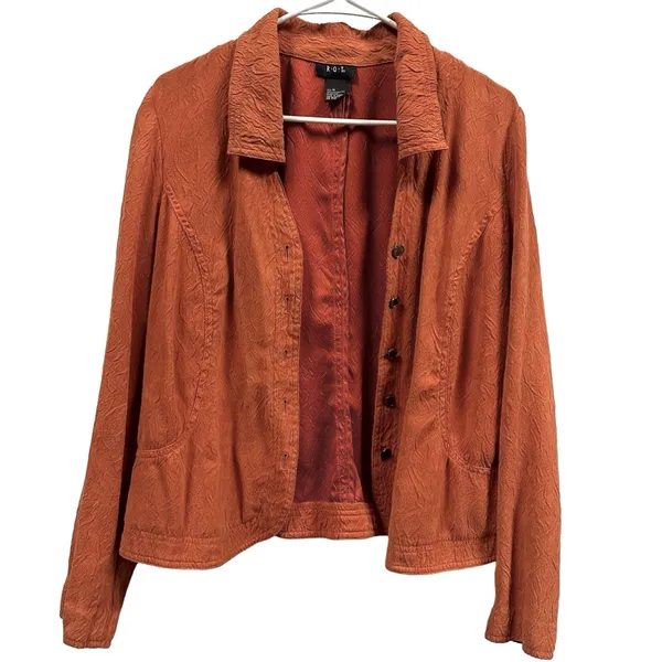RQT Vintage Lightweight Sueded Orange Button Up V Neck Collared Shirt Jacket M - Image 2