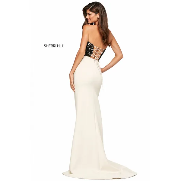 Sherri‎ Hill 53601 Ivory Black Strapless Corset Gown Lace Slit Dress NWT Size 0 - Image 2