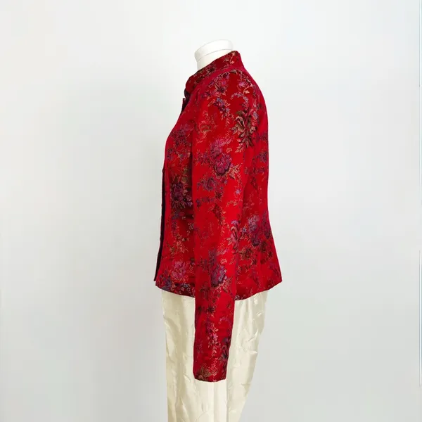 Vintage Y2K Silk-Blend Chinese-Style Patterned Tang Blazer in Red | Size S/M - Image 5