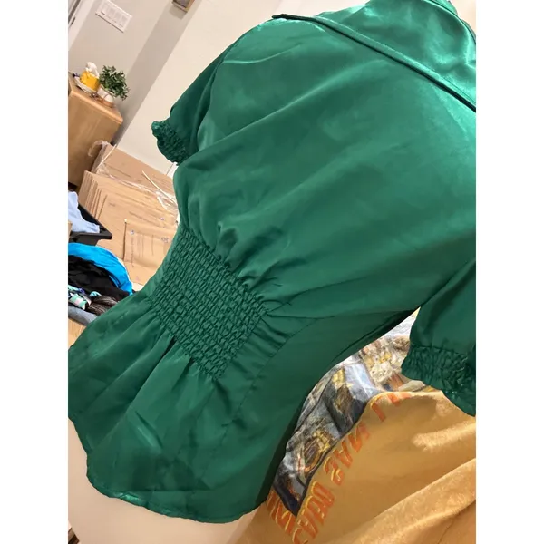 Cotton Express y2k Silk Blouse Emerald Green preppy Satin Smocked Puff Sleeve Top Small - Image 3