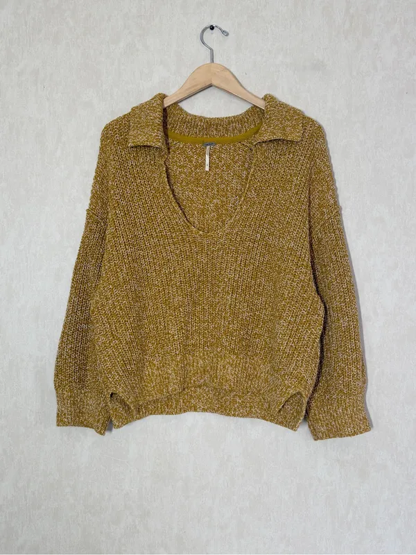 Free People Women’s Love This City Sweater V-Neck Longsleeve Boho in Mustard L - Image 3