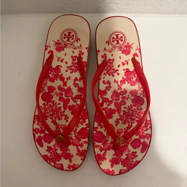 TORY BURCH Thandie Wedge Flip Flops Red Pepper / Issey Fade Floral Sandals 10 - Image 4