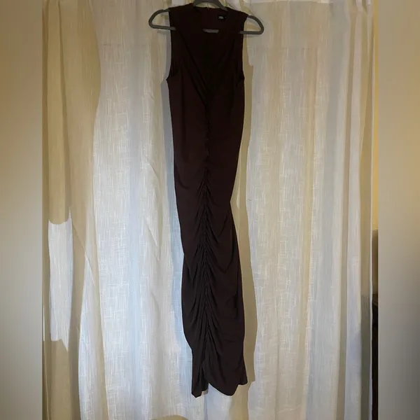Zara Brown Ruched Maxi Dress - Image 3