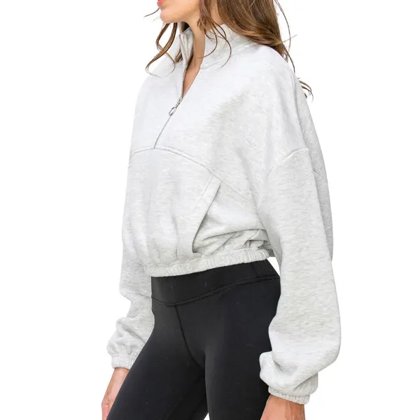 Lazy Sunday Half Zipped Cropped Sweatshirt Women’s Large Heather Gray Athleisure - Image 2