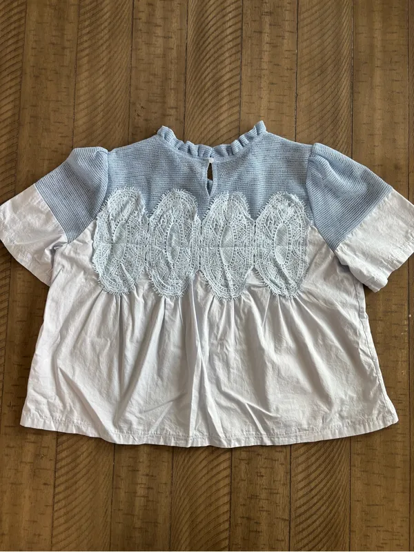 Lace Trim Short Sleeve Blouse Swing Crew Neck Ruffle Hem Blouse - Image 5