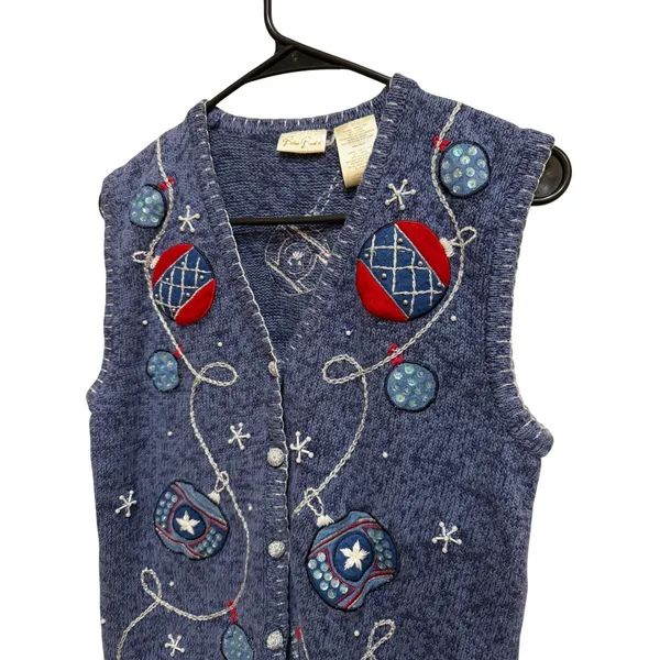 Bobbie Brooks Blue Knit Vest‎ Christmas Ornaments Applique V-Neck Size Small - Image 2