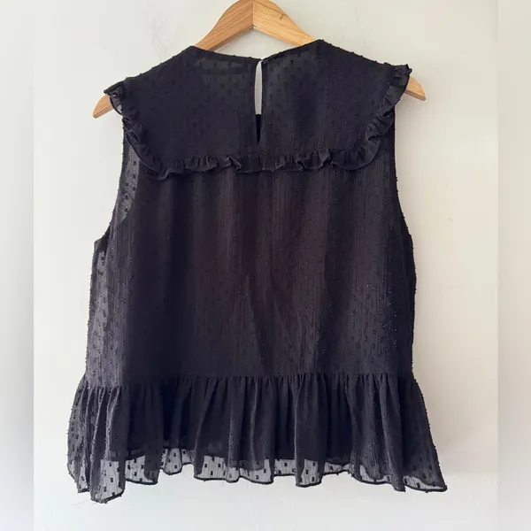 Zara Blouse Embroidered Boho Swiss Dot Sleeveless Ruffle Top Blouse Small‎ Black - Image 5