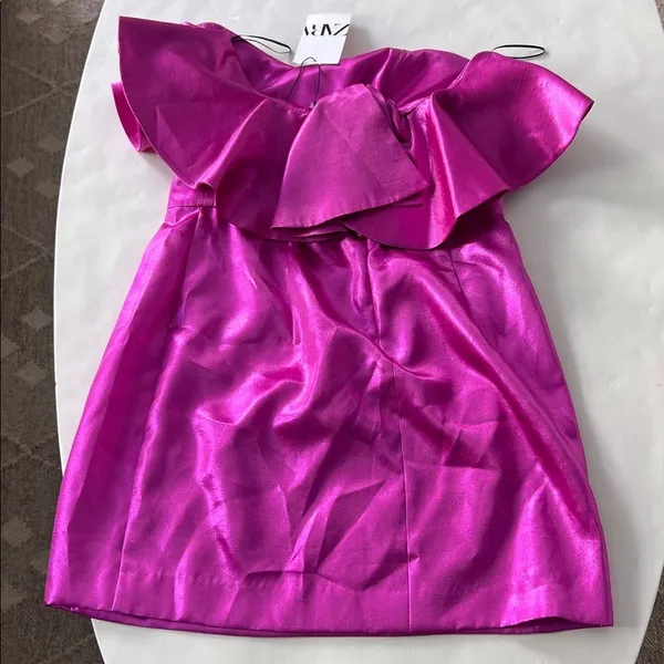 NWT Zara Metallic Pink Strapless Ruffle Mini Dress Sz Large - Image 5