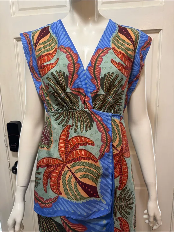 Farm Rio Viscose Sleeveless Tropical Print Blue Maxi Dress Size Small - Image 3