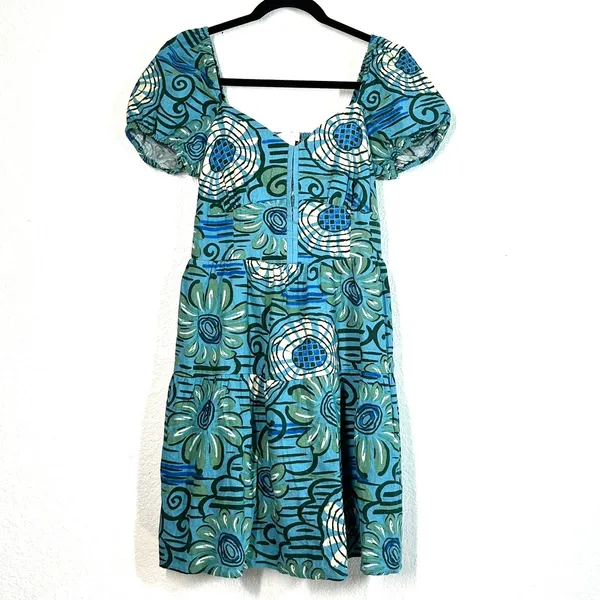 mini dress S House of Harlow 1960 turquoise floral linen puff-sleeve corset - Image 2
