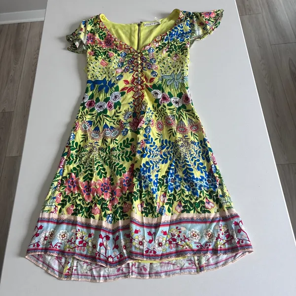 Alice + Olivia Yellow‎ Floral Flutter Sleeve V-Neck Mini Dress Size 0 - Image 3