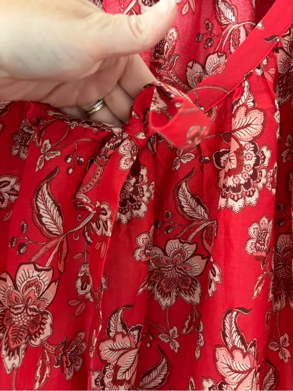 MNG Mango Red Paisley Floral Square Neck Elbow Balloon Sleeves Cotton Linen Top - Image 5