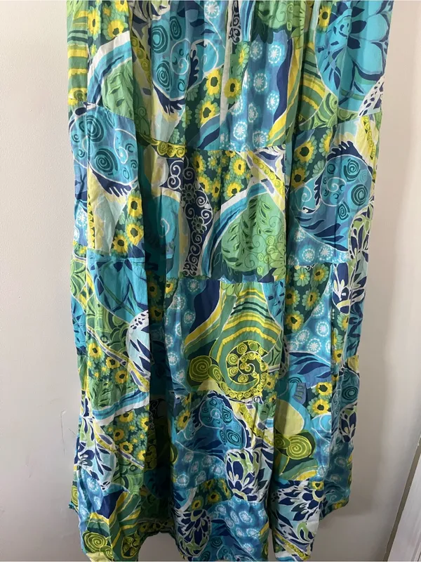 Y2K Tropical Strapless Blue Green Smocked Midi Dress Large 100% Cotton Resort - Image 7