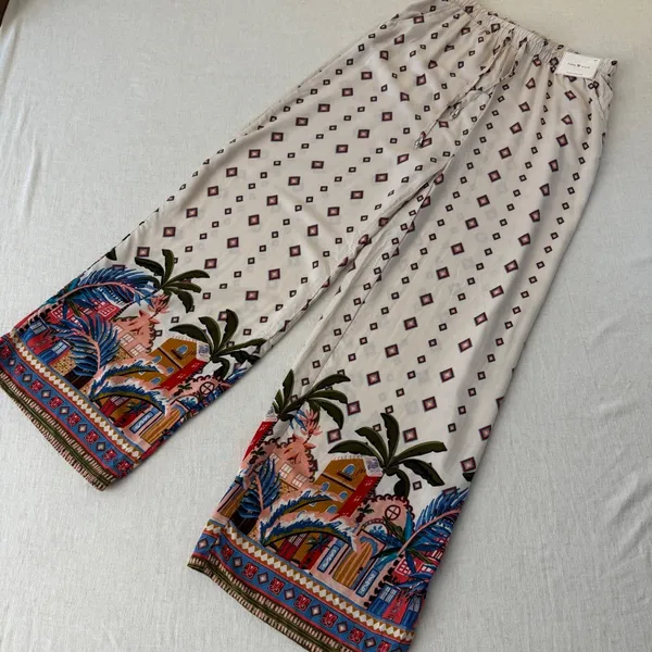Love Wish Womens Large Wide Leg Tropical‎ Border Print Rayon Elastic Waist Pants - Image 7