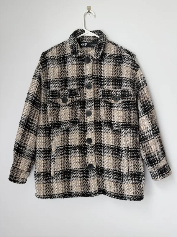 Zara Plaid Oversized Shirt Jacket Black Tan Shacket Tweed Oversized Size Medium - Image 2