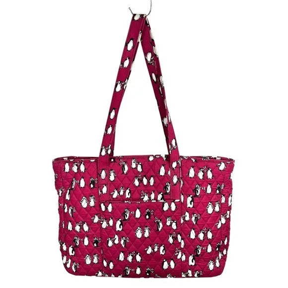 Vera Bradley‎ Quilted Playful Penguins Turnlock Tote Bag Crimson Red Retired - Image 3