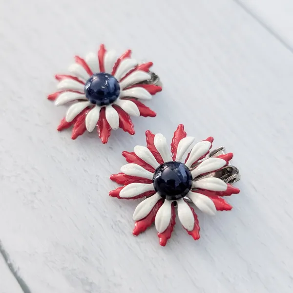 Vintage Clip On Earrings Red, White, Blue Statement Flower - Image 5