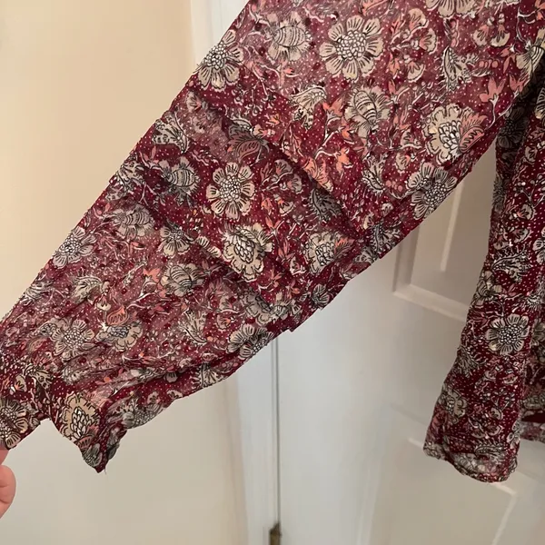Loft Womens Burgundy Floral Clip Dot Ruffle Sleeve Tie Neck Blouse Size M - Image 5