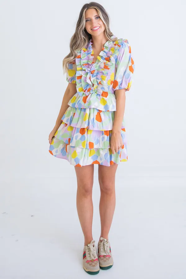 Karlie Mosaic Print Colorful Ruffle Detail Tiered Mini Dress - Image 2