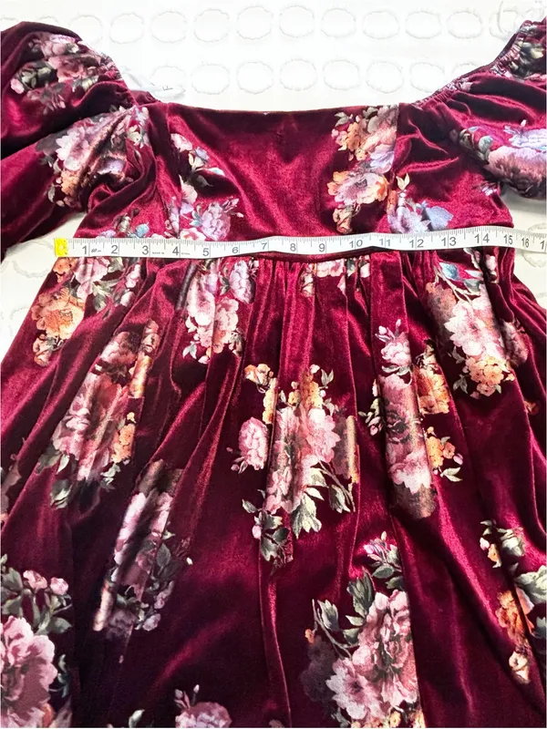 Lulu's Adorably Darling Burgundy Floral Print Velvet Babydoll Dress size M - Image 6